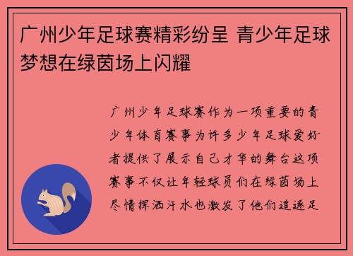 广州少年足球赛精彩纷呈 青少年足球梦想在绿茵场上闪耀
