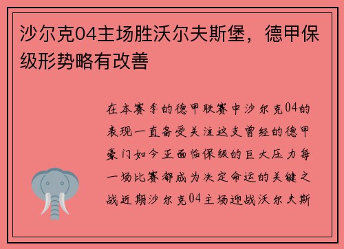 沙尔克04主场胜沃尔夫斯堡，德甲保级形势略有改善