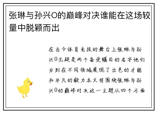 张琳与孙兴O的巅峰对决谁能在这场较量中脱颖而出