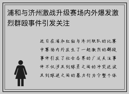浦和与济州激战升级赛场内外爆发激烈群殴事件引发关注
