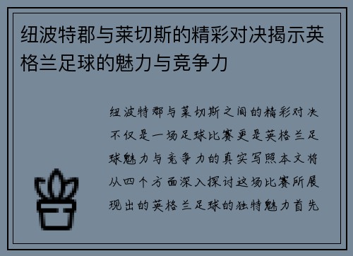 纽波特郡与莱切斯的精彩对决揭示英格兰足球的魅力与竞争力