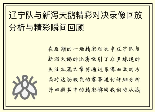 辽宁队与新泻天鹅精彩对决录像回放分析与精彩瞬间回顾