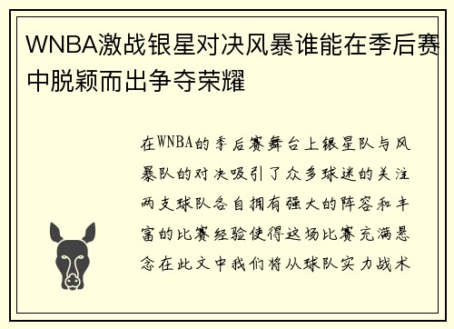 WNBA激战银星对决风暴谁能在季后赛中脱颖而出争夺荣耀