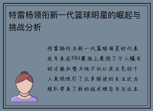特雷杨领衔新一代篮球明星的崛起与挑战分析