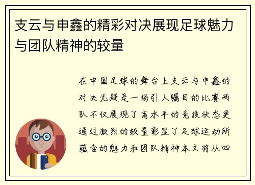 支云与申鑫的精彩对决展现足球魅力与团队精神的较量