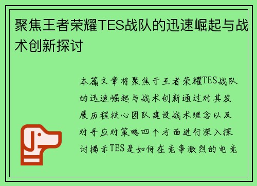 聚焦王者荣耀TES战队的迅速崛起与战术创新探讨